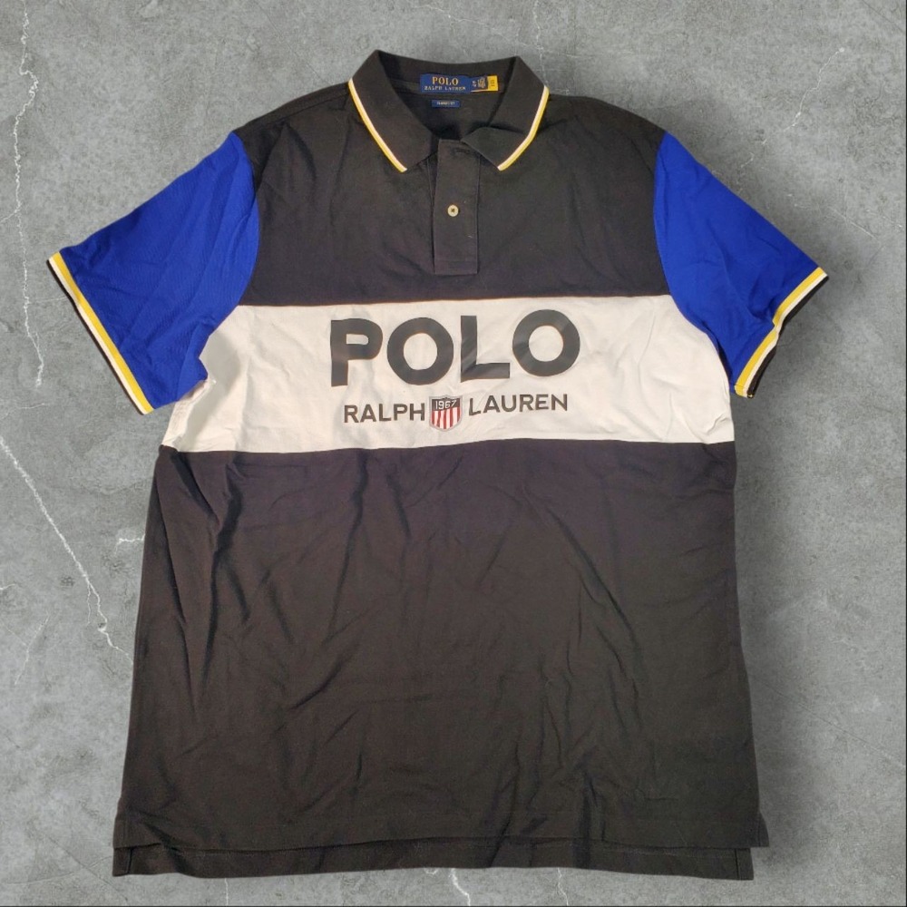 Polo Ralph Lauren Polo Shirt Mens XL Black Blue K Swiss Shield Colorblock 1967